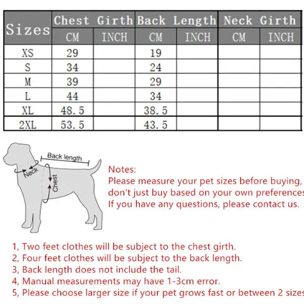 dog dress dimensions