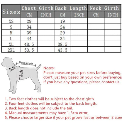dog dress dimensions