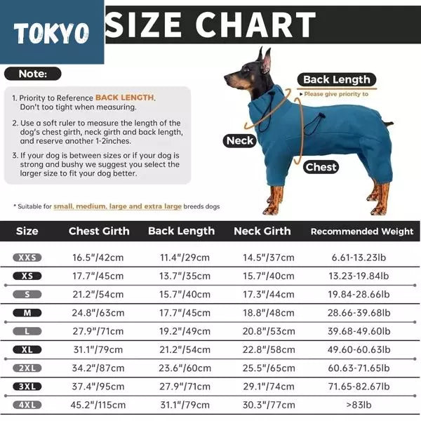 dog winter coat blue chart